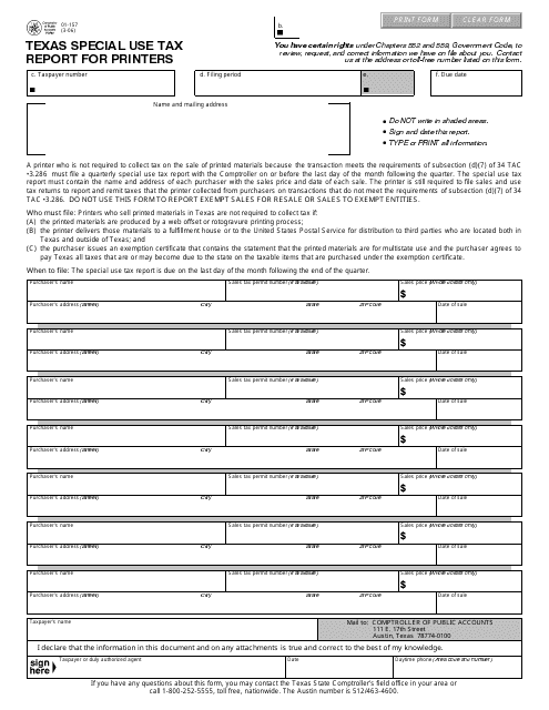 Form 01-157 Texas Special Use Tax Report for Printers - Texas