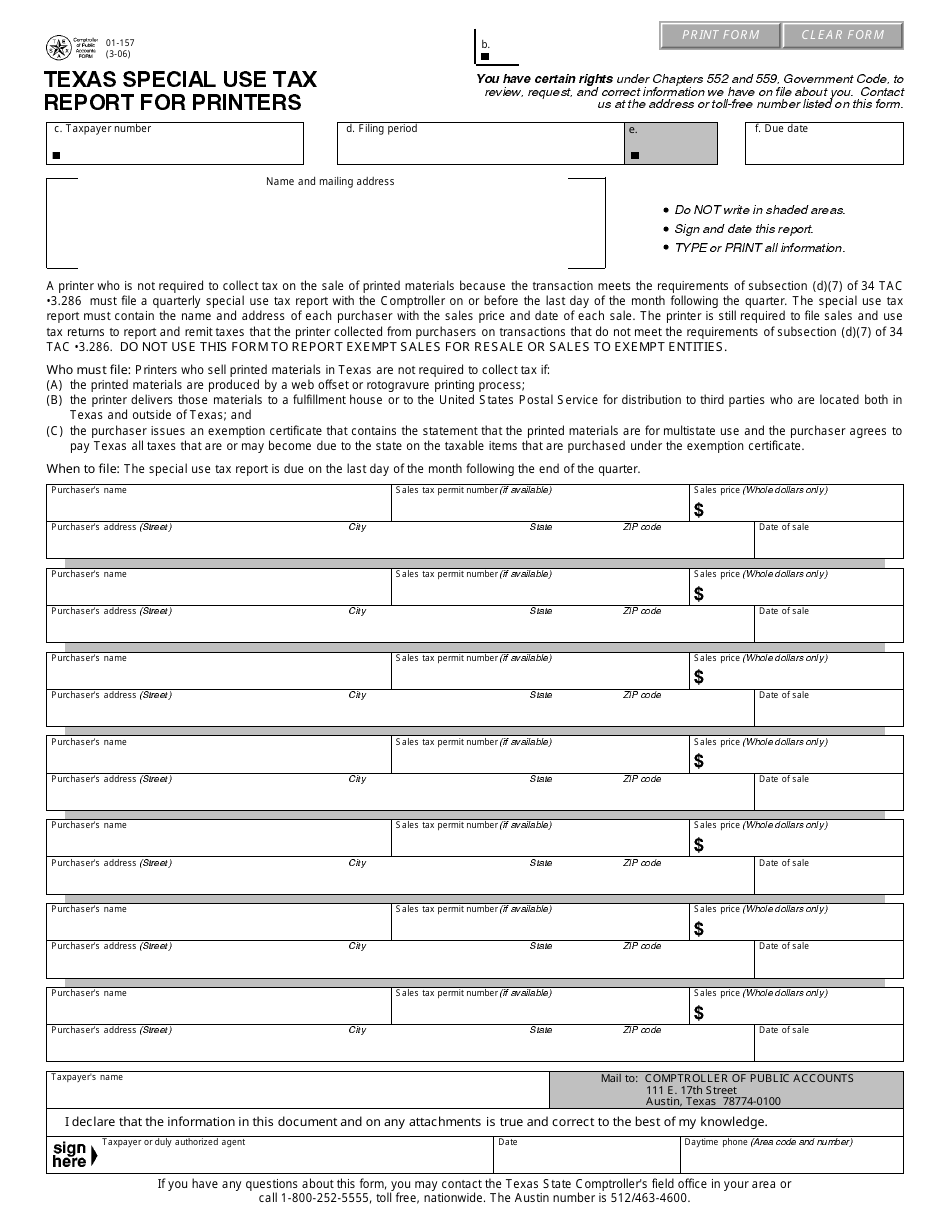 Form 01-157 Texas Special Use Tax Report for Printers - Texas, Page 1