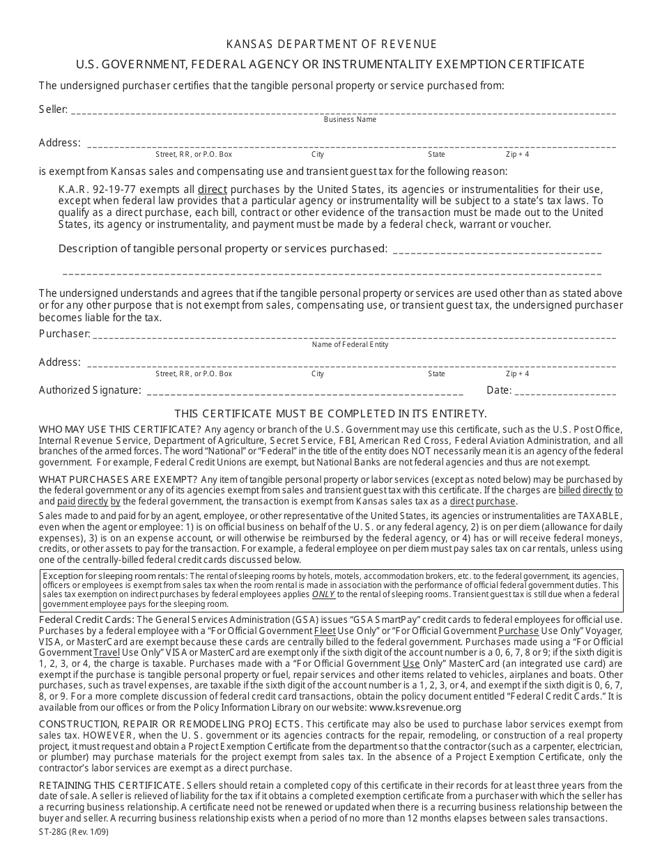 Form ST-28G U.S. Government, Federal Agency or Instrumentality Exemption Certificate - Kansas, Page 1