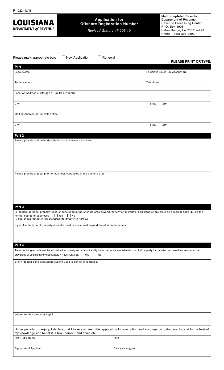 Form R-1022 Application for Offshore Registration Number - Louisiana, Page 1