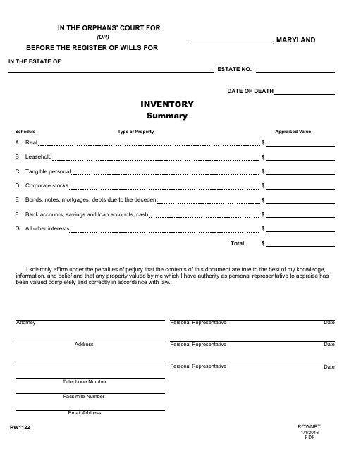 Form RW1122  Printable Pdf