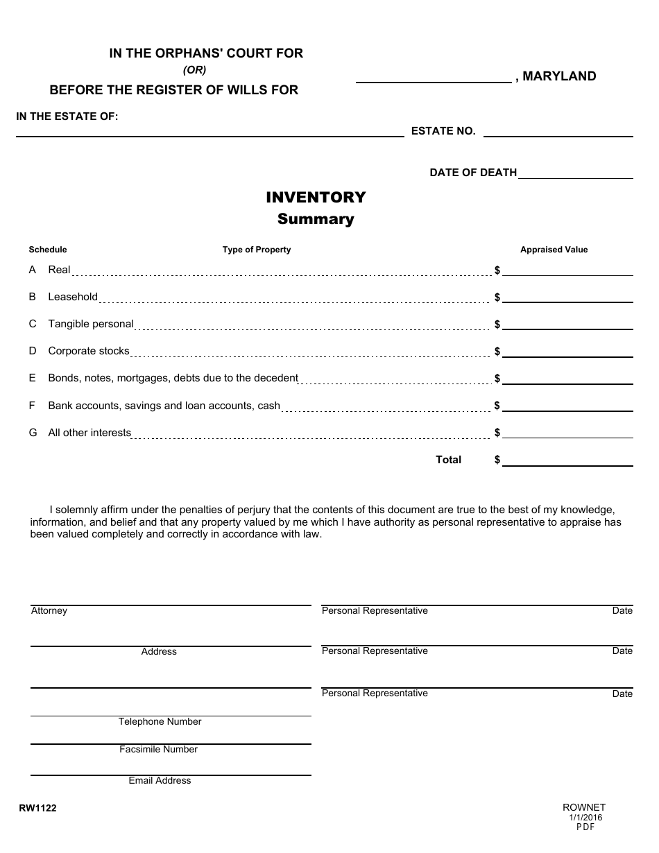 Form RW1122 Inventory Summary  Supporting Schedule - Maryland, Page 1