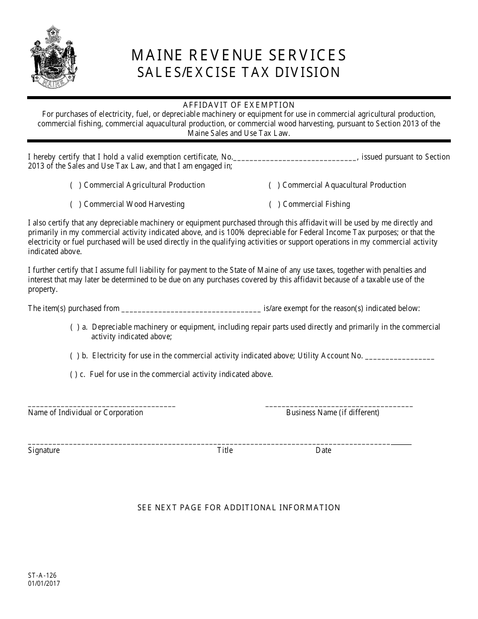 Form ST-A-126 Affidavit of Exemption - Maine, Page 1