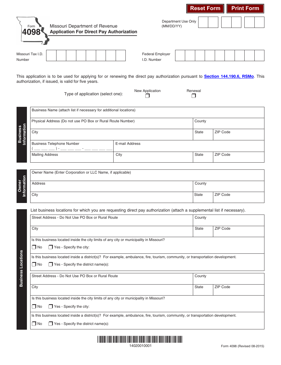 Form 4098 - Fill Out, Sign Online and Download Fillable PDF, Missouri ...