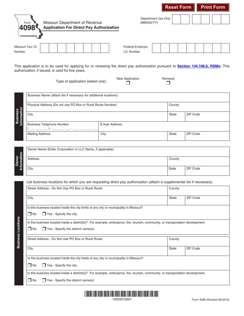 Form 4098 Application for Direct Pay Authorization - Missouri, Page 1
