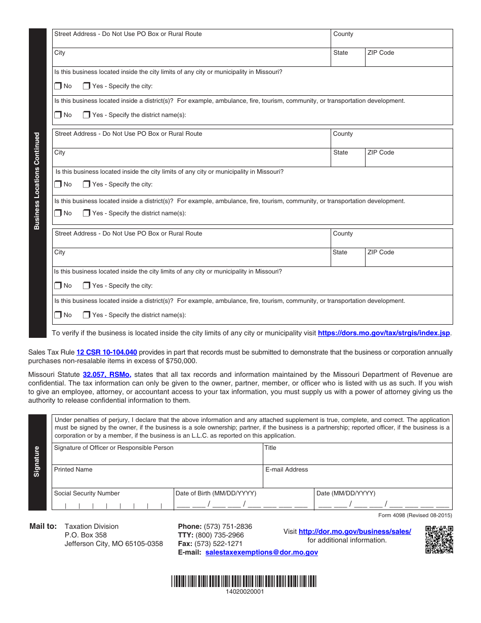 Form 4098 Application for Direct Pay Authorization - Missouri, Page 2