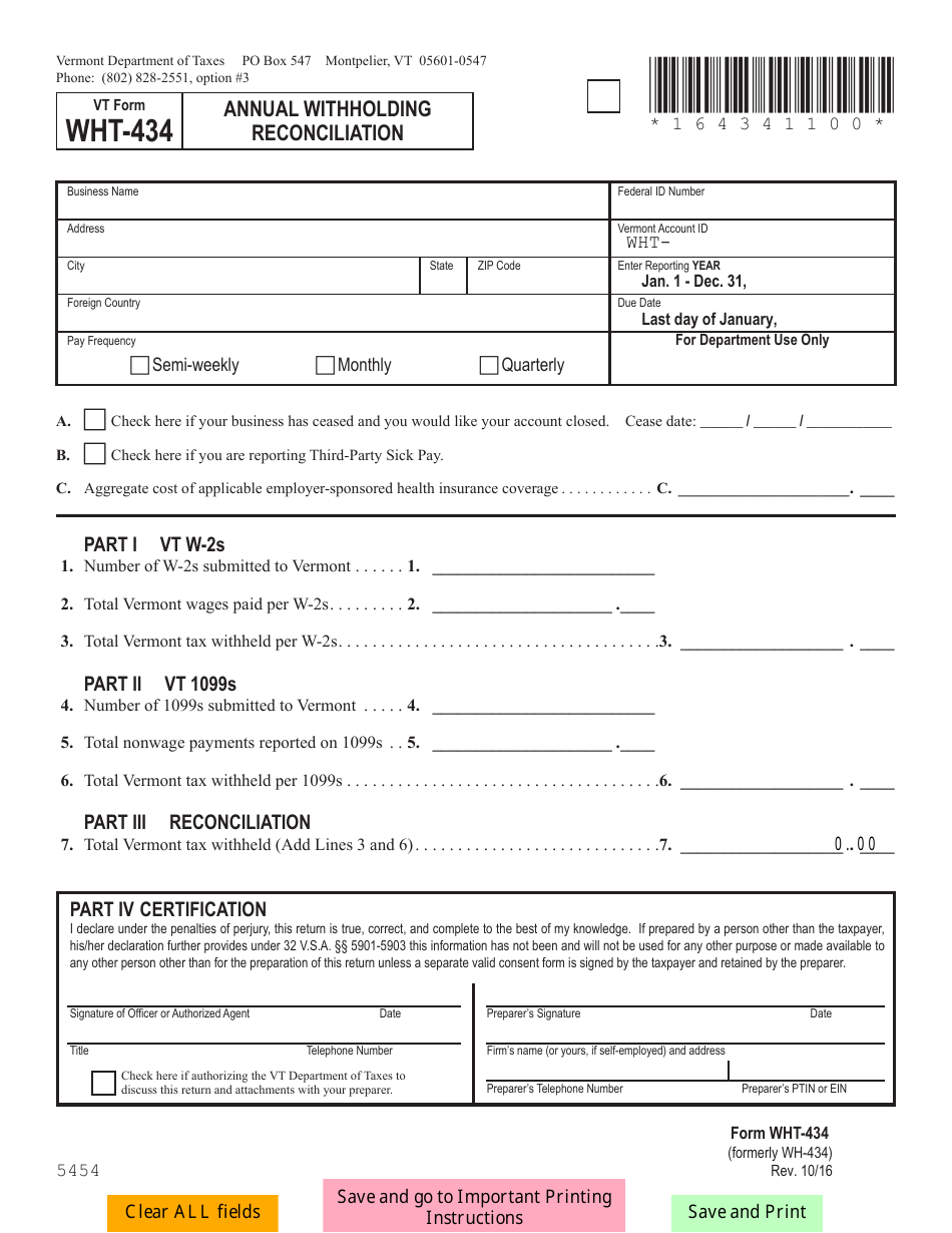 VT Form WHT-434 Annual Withholding Reconciliation - Vermont, Page 1