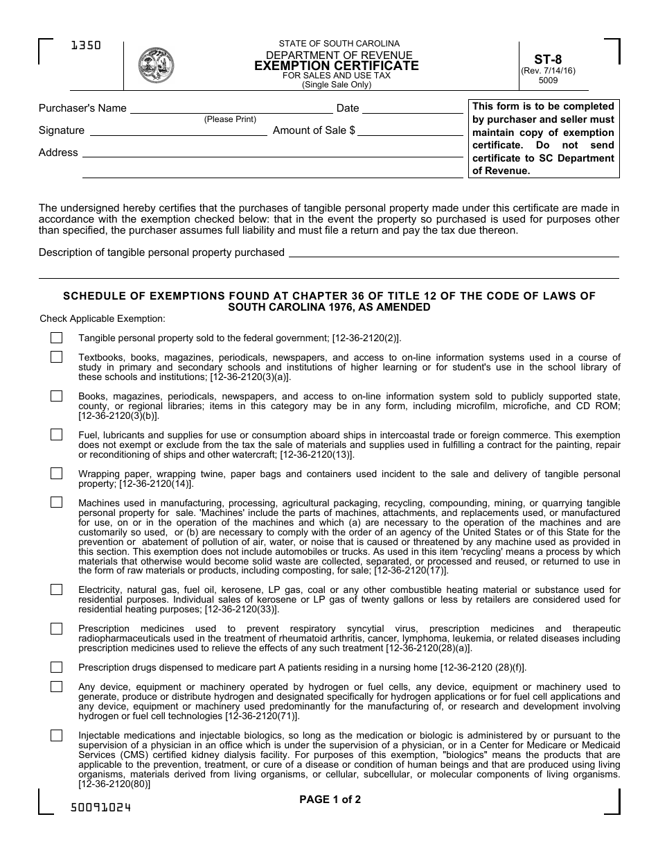 Form ST-8 Exemption Certificate for Sales and Use Tax - South Carolina, Page 1