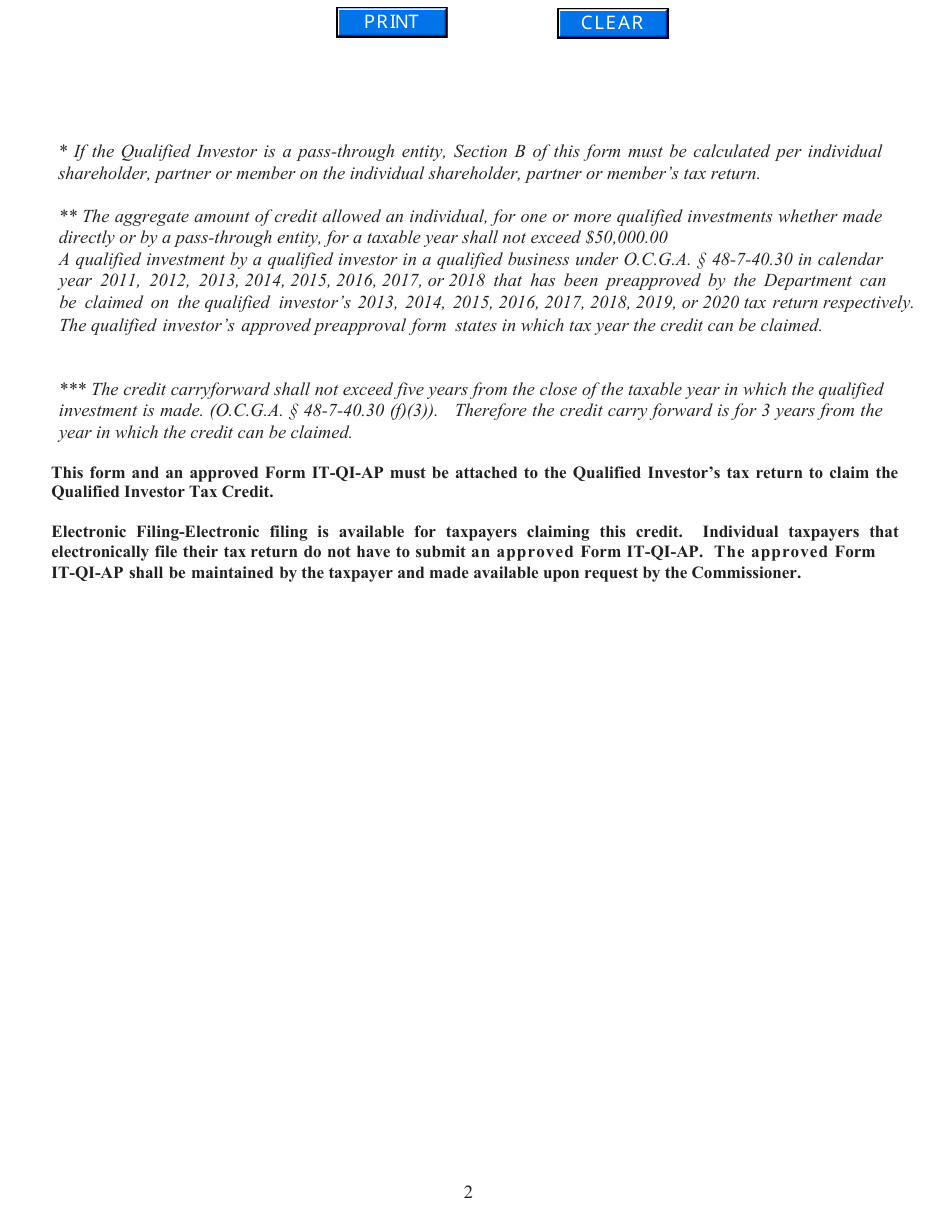 Form IT-QI Qualified Investor Tax Credit - Georgia (United States), Page 2