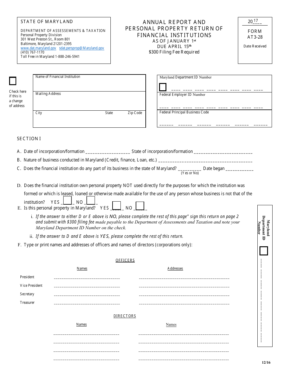 Form AT3-28 Annual Report and Personal Property Return of Financial Institutions - Maryland, Page 1