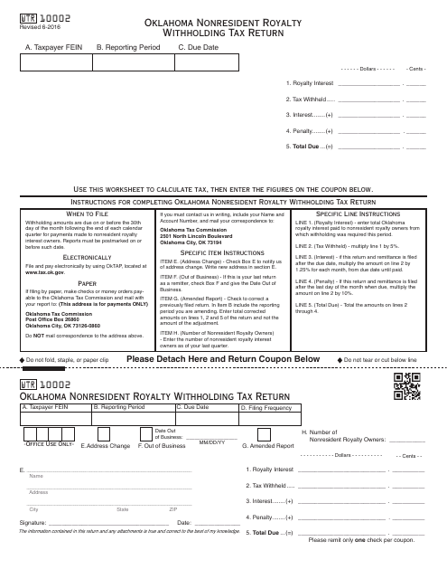 Form WTR10002 Oklahoma Nonresident Royalty Withholding Tax Return - Oklahoma