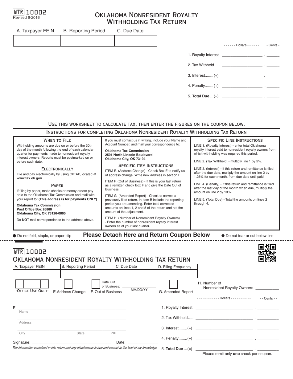 Form WTR10002 Oklahoma Nonresident Royalty Withholding Tax Return - Oklahoma, Page 1