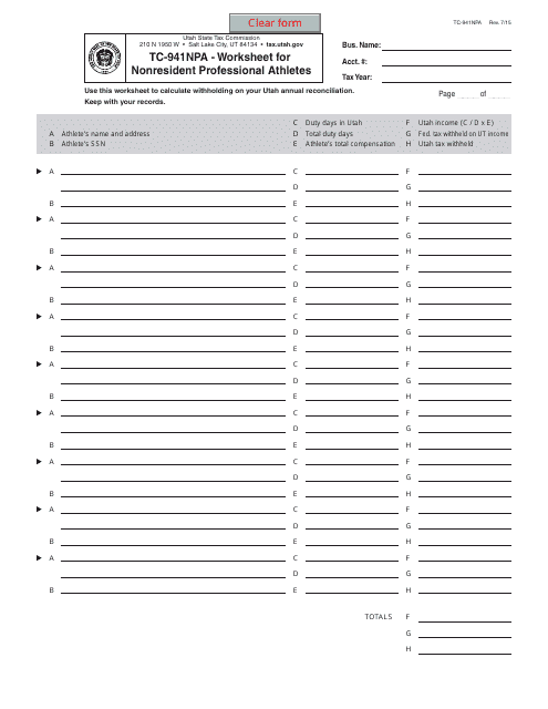 Form TC-941NPA Worksheet for Nonresident Professional Athletes - Utah