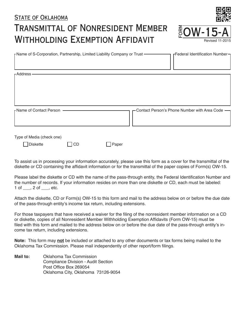 OTC Form OW-15-a Transmittal of Nonresident Member Withholding Exemption Affidavit - Oklahoma, Page 1