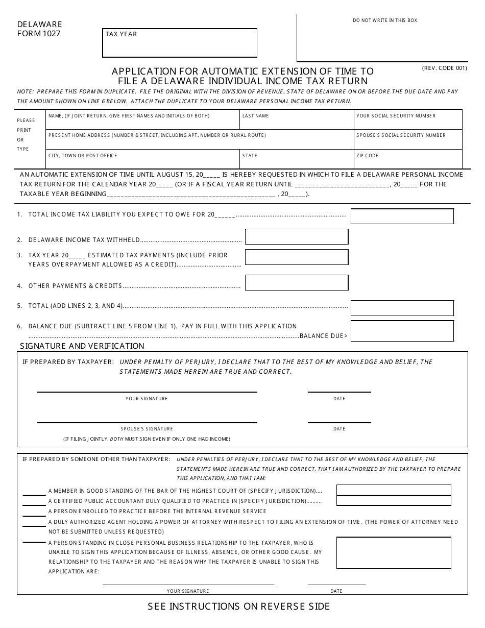 Form 1027 Application for Automatic Extension of Time to File a Delaware Individual Income Tax Return - Delaware, Page 1