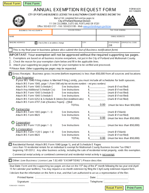 Form AER Annual Exemption Request Form - City of Portland, Oregon