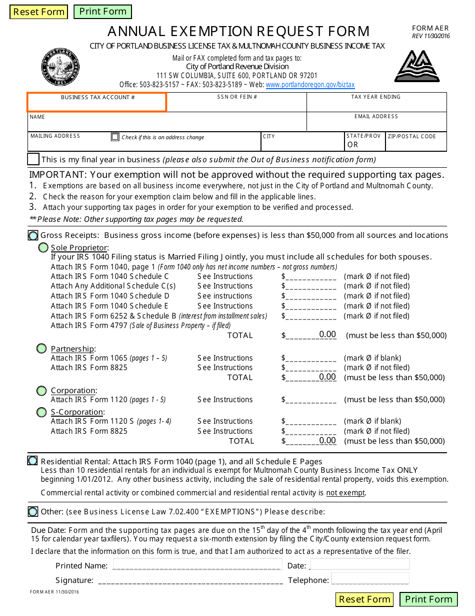 Form AER Annual Exemption Request Form - City of Portland, Oregon, Page 1