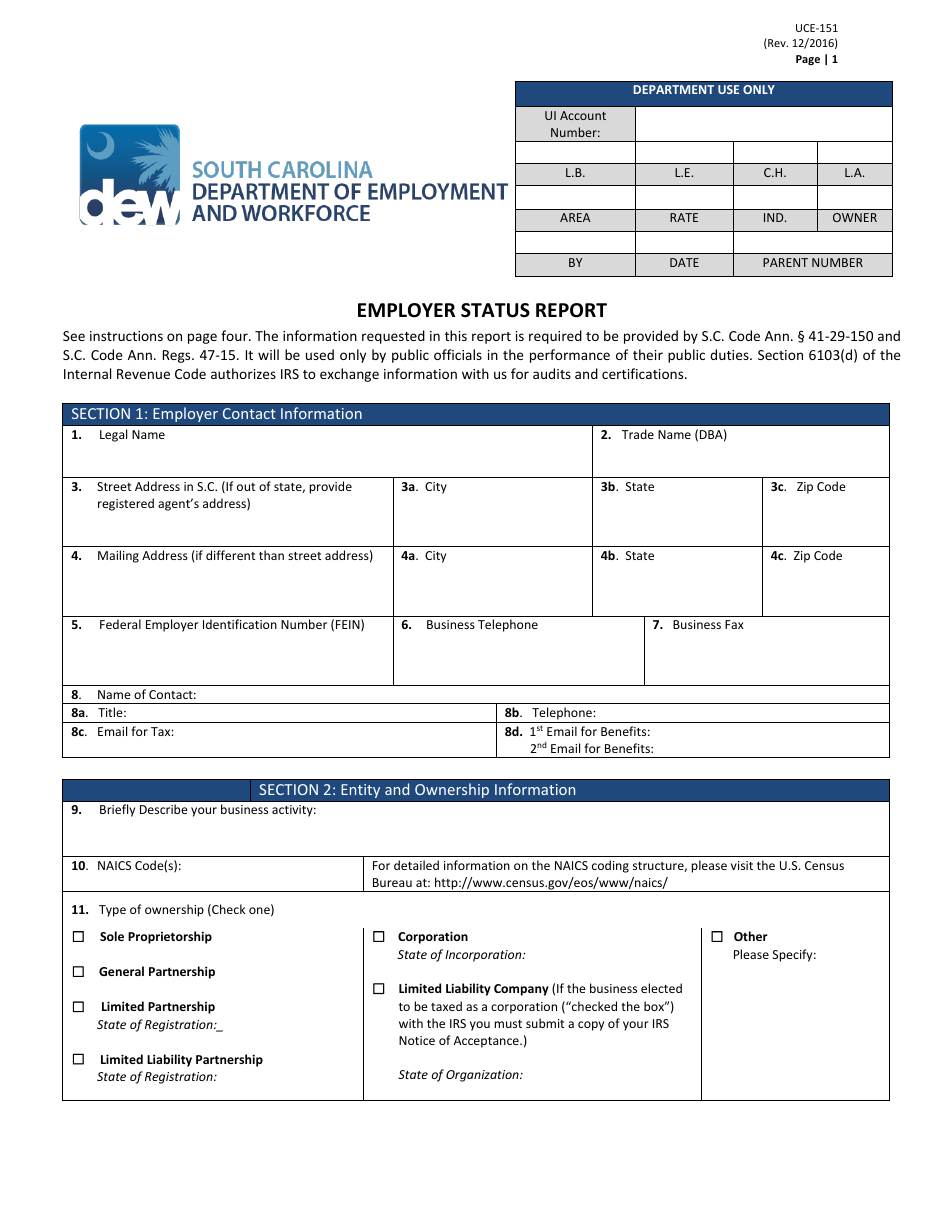 Form UCE-151 Employer Status Report - South Carolina, Page 1