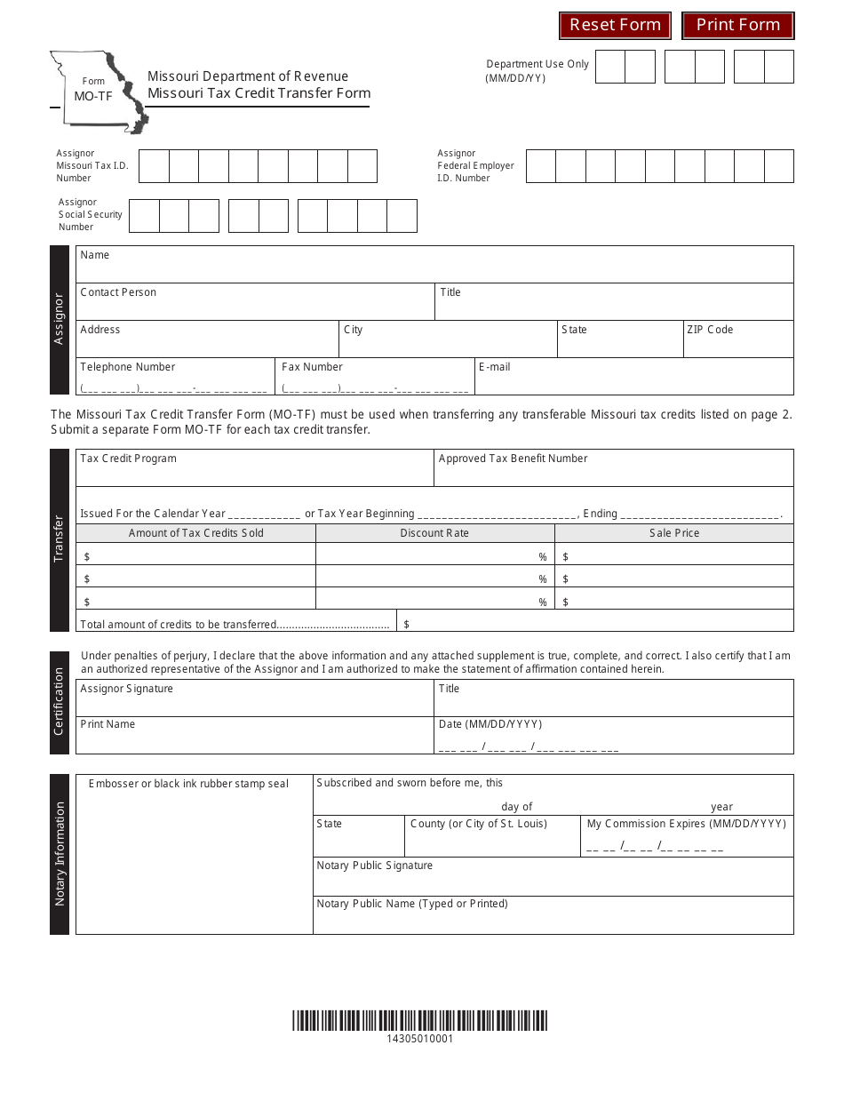 Form MO-TF Missouri Tax Credit Transfer Form - Missouri, Page 1