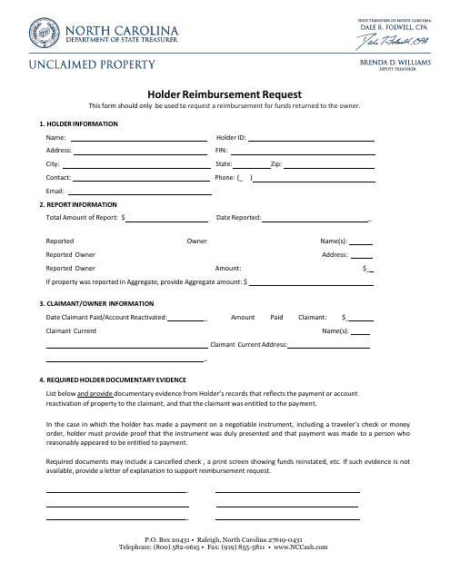 Holder Reimbursement Request Form - North Carolina Download Pdf