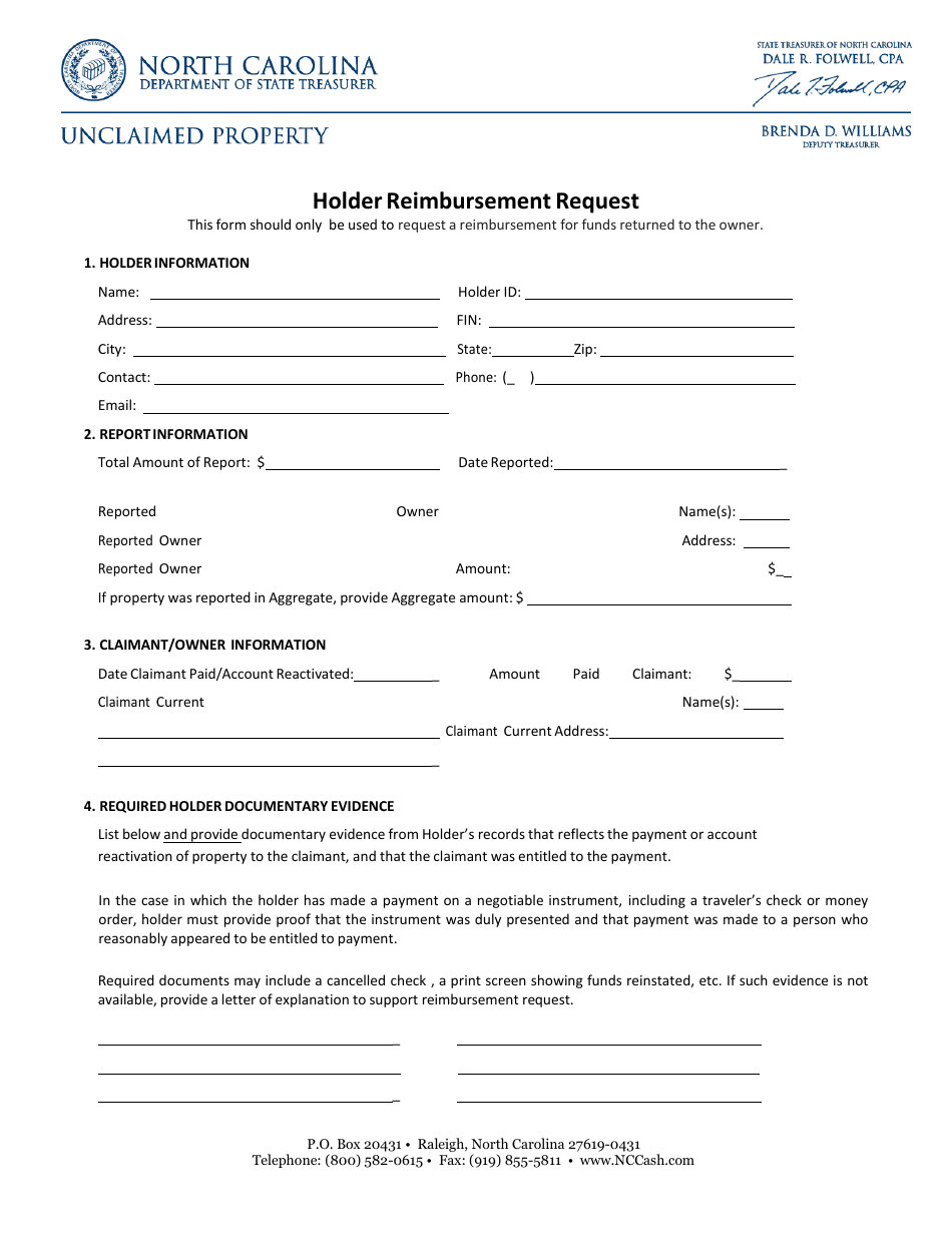 Holder Reimbursement Request Form - North Carolina, Page 1