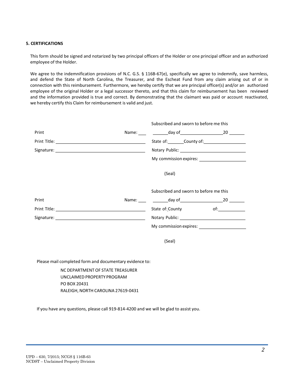 Holder Reimbursement Request Form - North Carolina, Page 2
