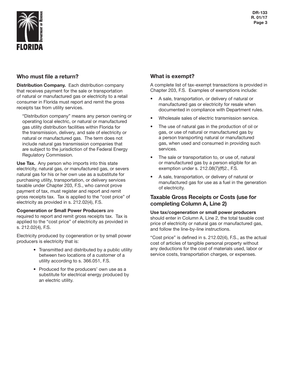 Form DR-133 Gross Receipts Tax Return - Florida, Page 3