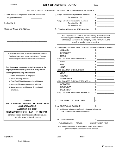 Form W-3 Reconciliation of Amherst Income Tax Withheld From Wages - City of Amherst, Ohio