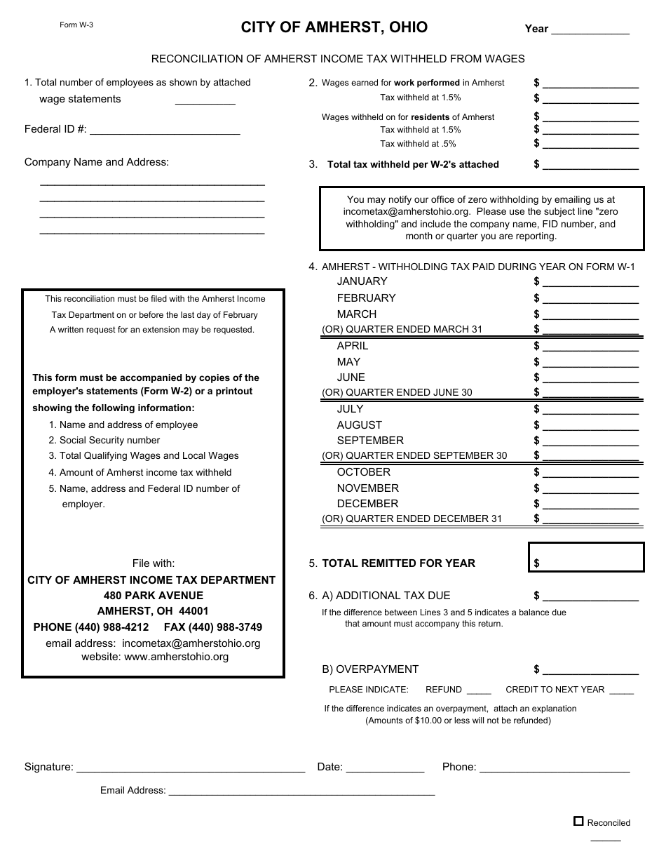 Form W-3 Reconciliation of Amherst Income Tax Withheld From Wages - City of Amherst, Ohio, Page 1