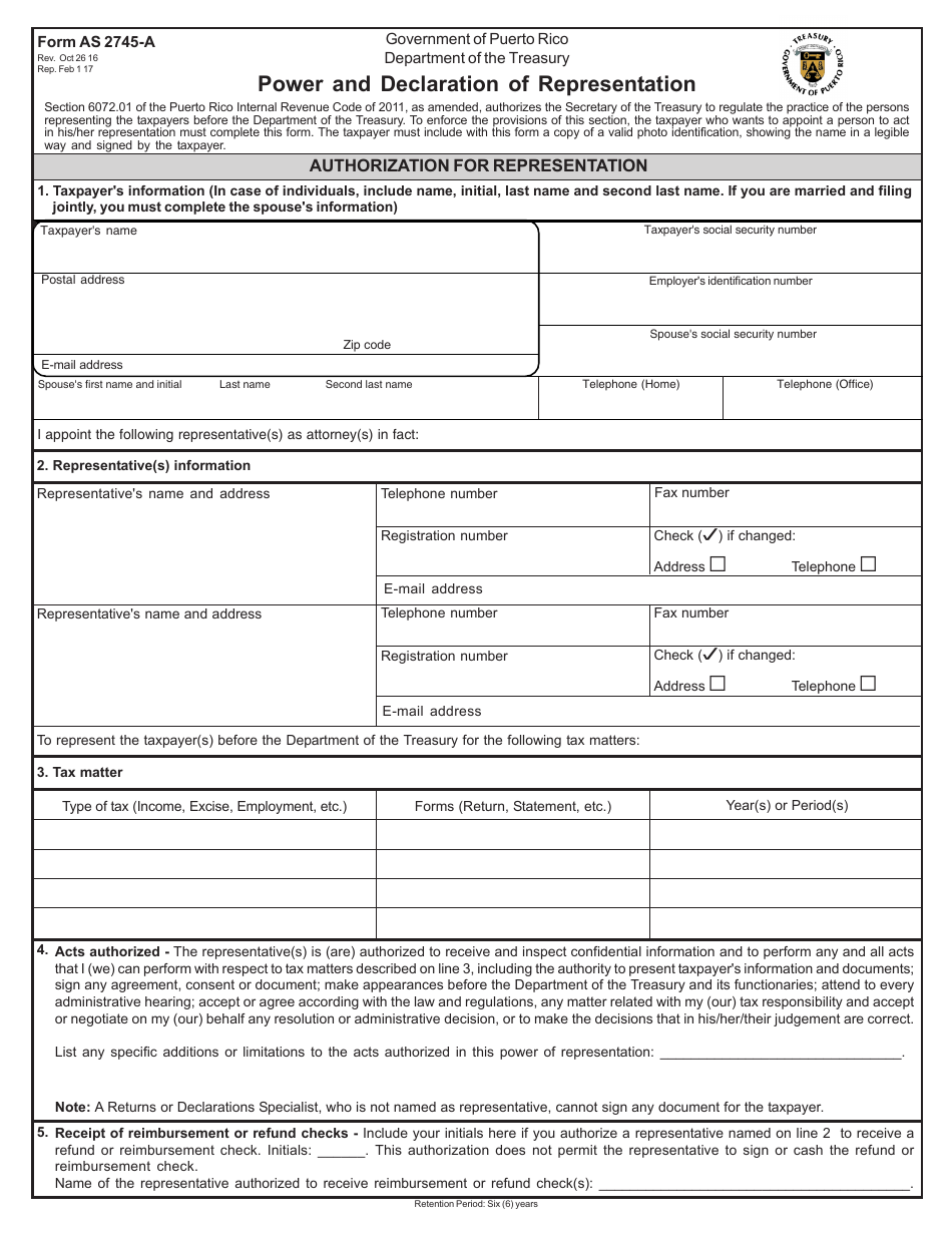 Form AS2745-A Power and Declaration of Representation - Puerto Rico, Page 1