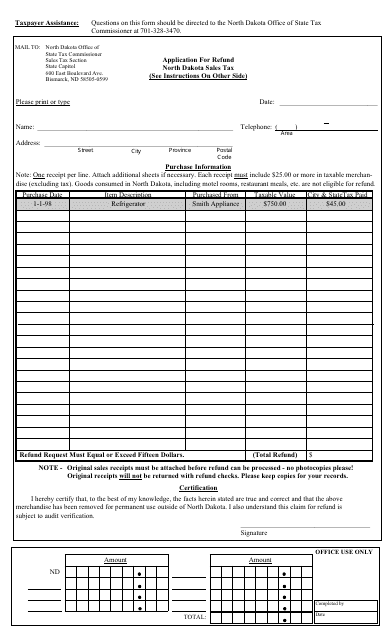 Application Form for Refund - North Dakota