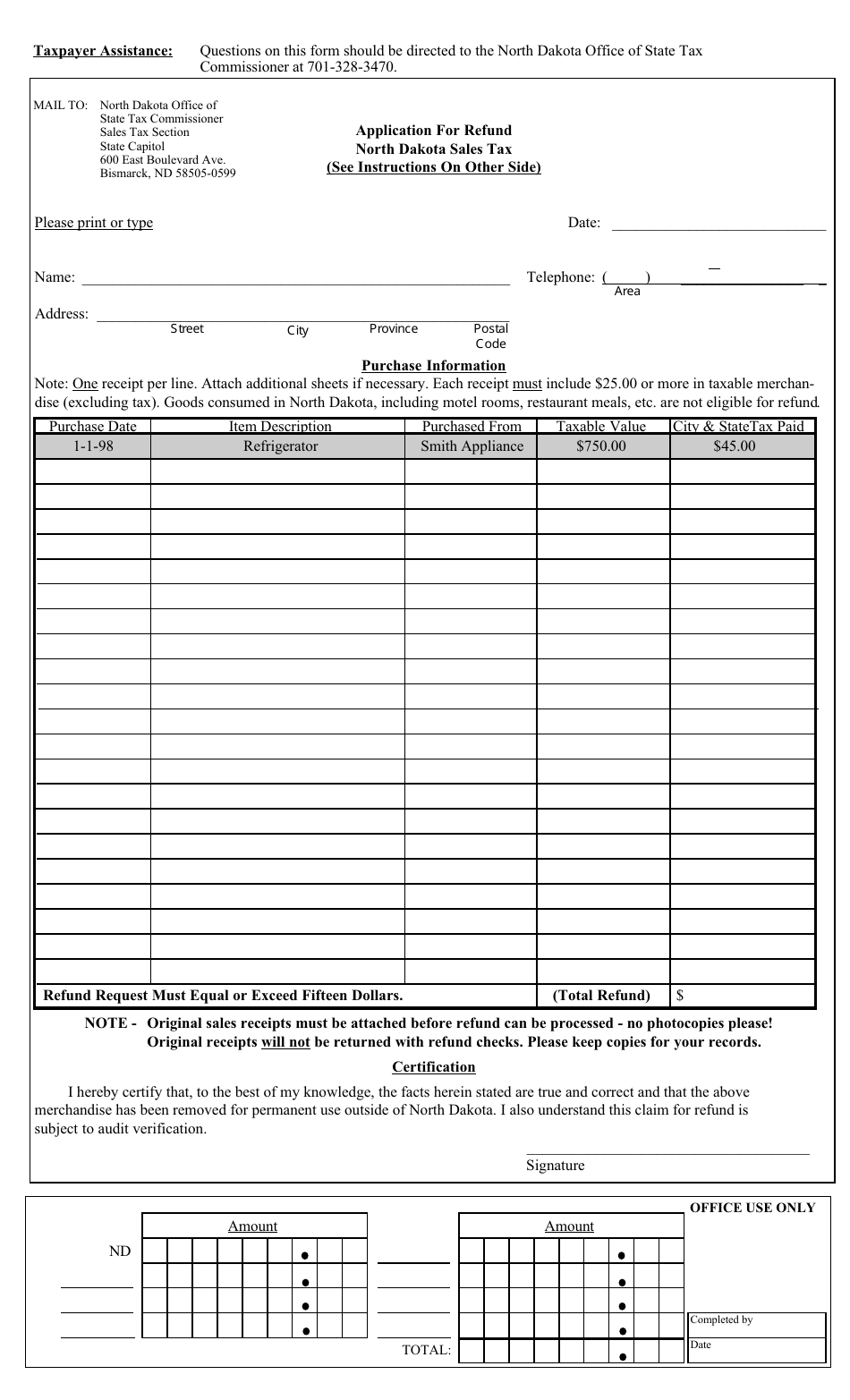 Application Form for Refund - North Dakota, Page 1