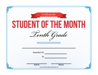 &quot;10th Grade Student of the Month Certificate Template&quot;