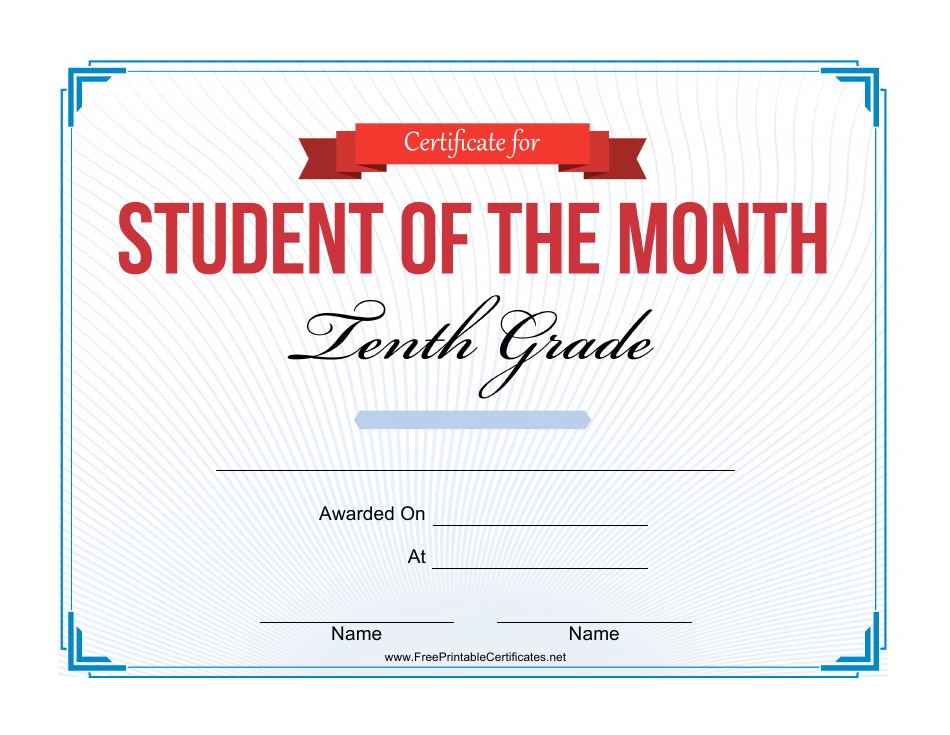 10th Grade Student of the Month Certificate Template Preview Image