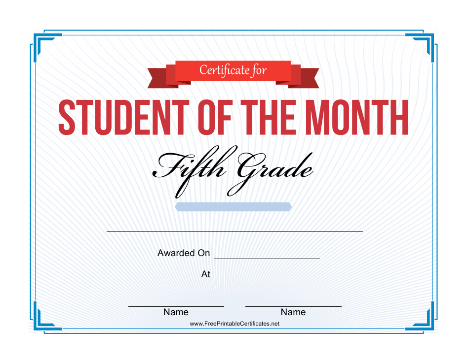 5th Grade Student of the Month Certificate Template