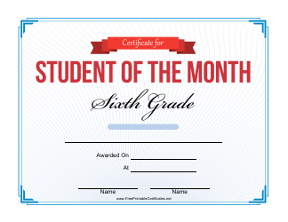 &quot;6th Grade Student of the Month Certificate Template&quot;