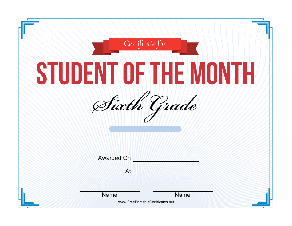 6th Grade Student of the Month Certificate Template, Page 1