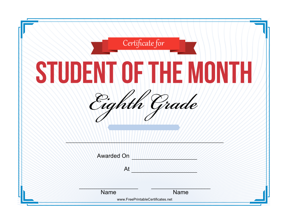 8th Grade Student of the Month Certificate Template