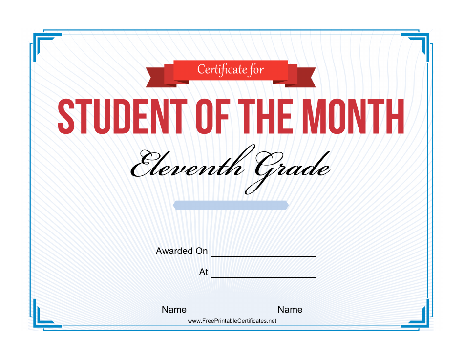 11th Grade Student of the Month Certificate Template - Preview Image