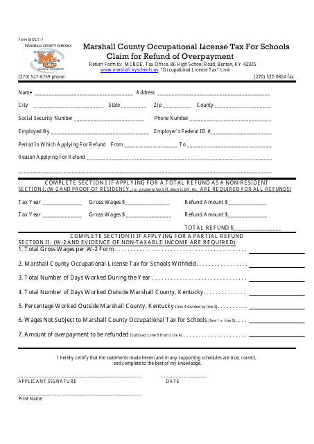 Form MOLT-7 Marshall County Occupational License Tax for Schools Claim for Refund of Overpayment - Marshall County, Kentucky