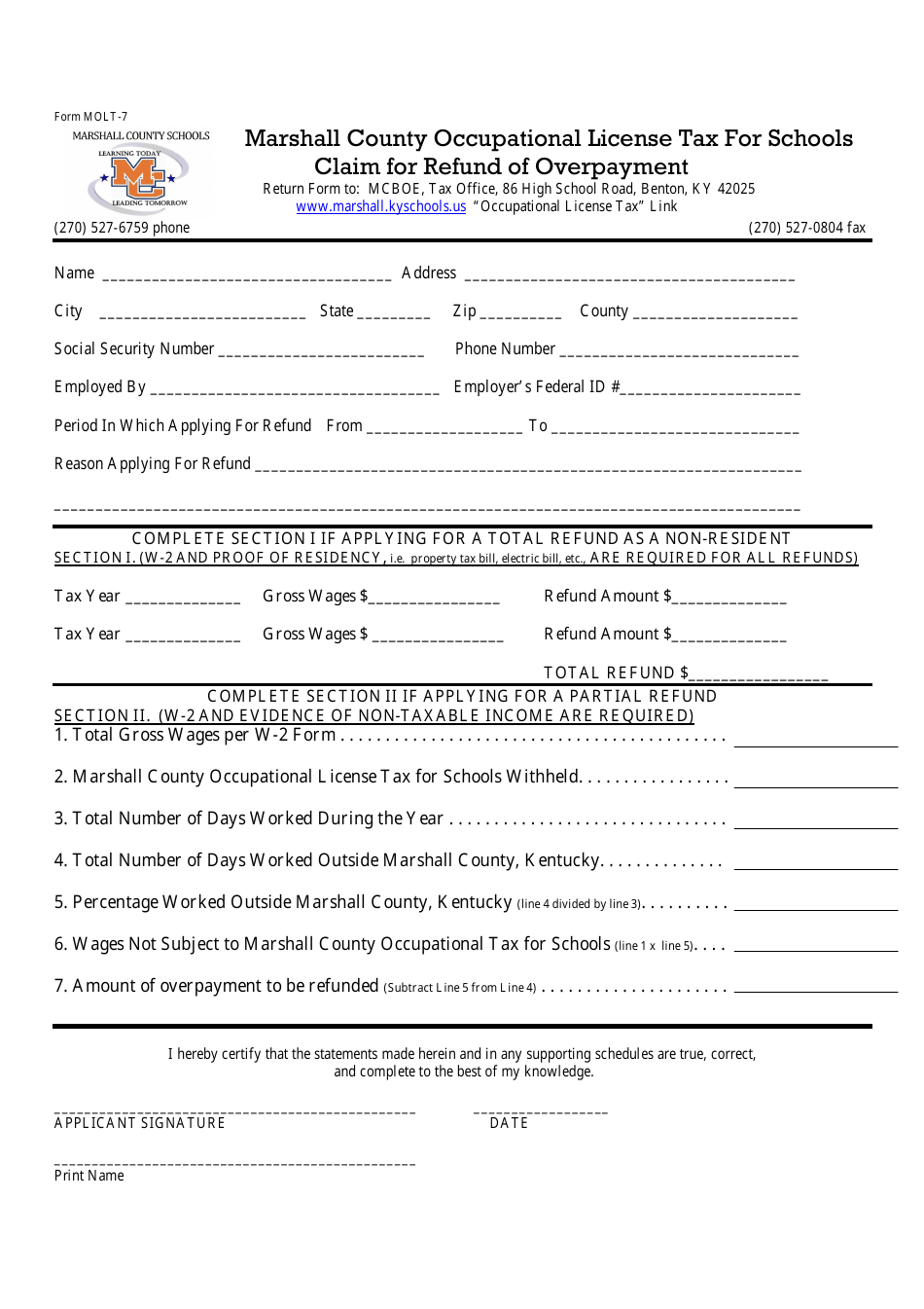 Form MOLT-7 Marshall County Occupational License Tax for Schools Claim for Refund of Overpayment - Marshall County, Kentucky, Page 1