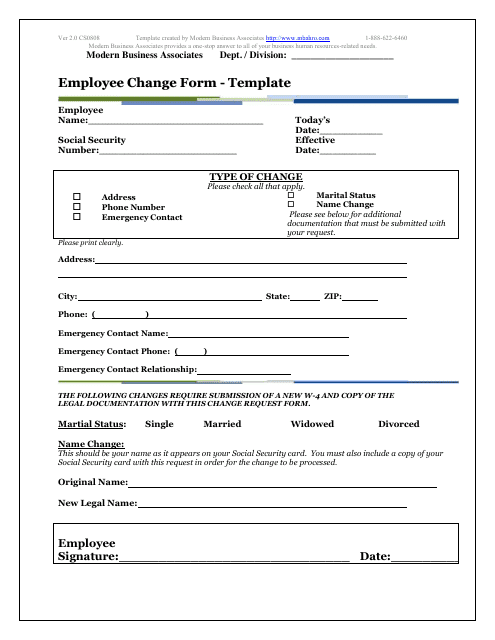 &quot;Employee Change Form&quot; Download Pdf
