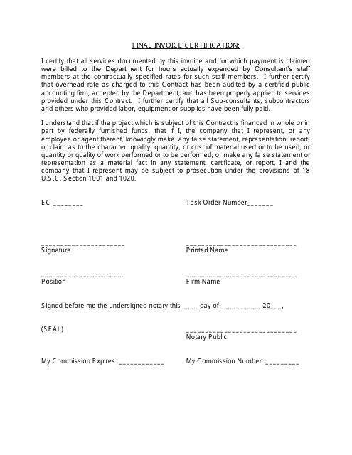 Final Invoice Certification Form - Oklahoma
