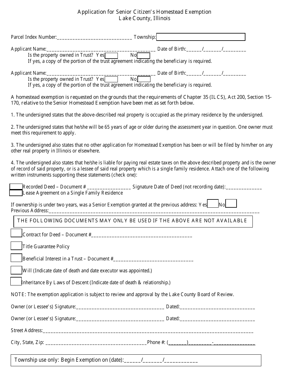 Application for Senior Citizens Homestead Exemption - Lake County, Illinois, Page 1