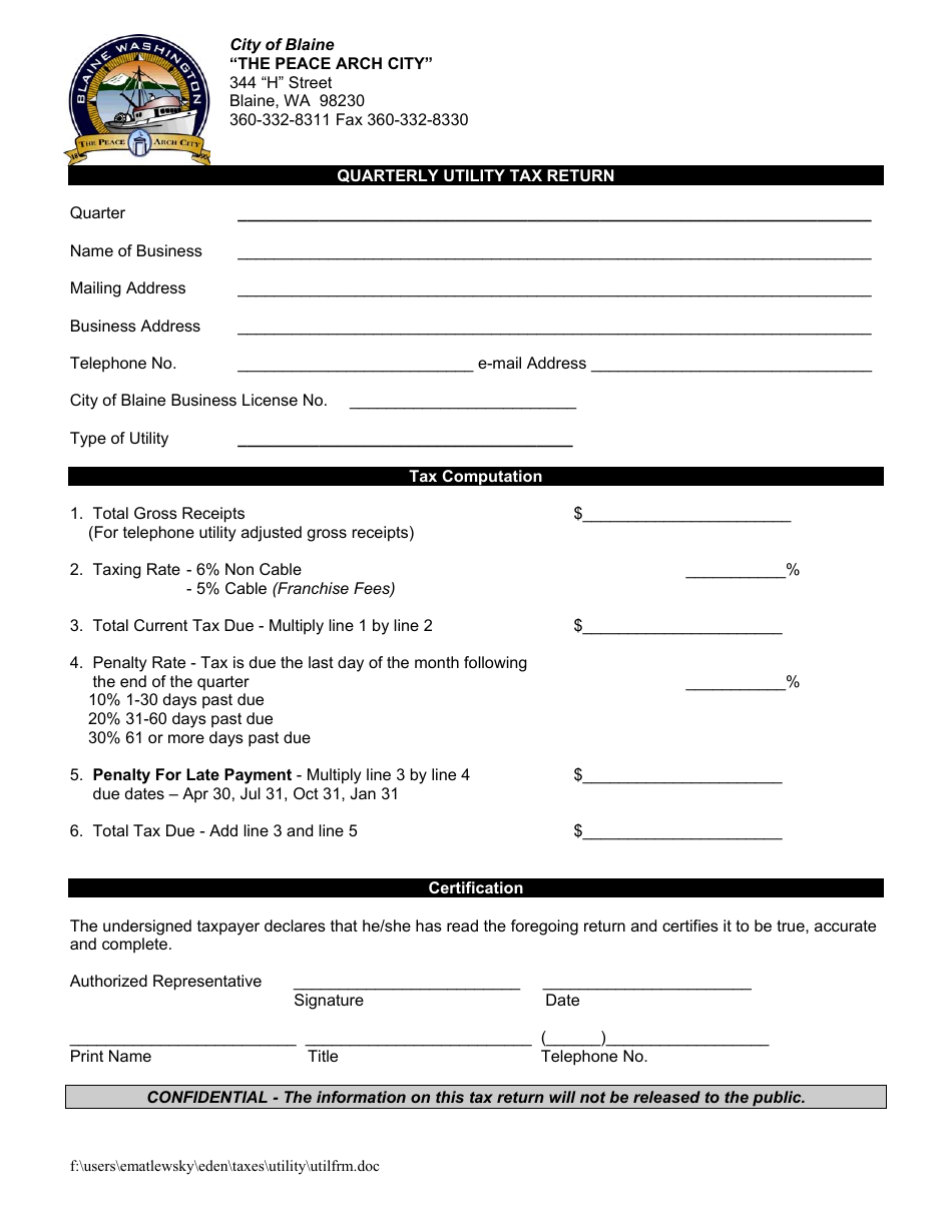 City of Blaine, Washington Quarterly Utility Tax Return Form Fill Out