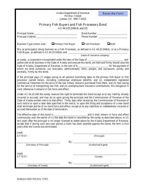Form 0405-599 Primary Fish Buyers and Fish Processors Bond - Alaska