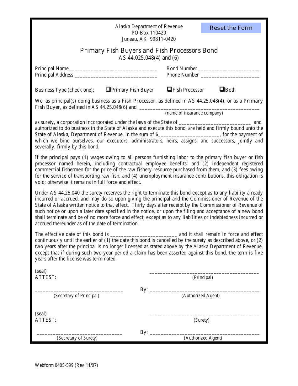 Form 0405-599 Primary Fish Buyers and Fish Processors Bond - Alaska, Page 1