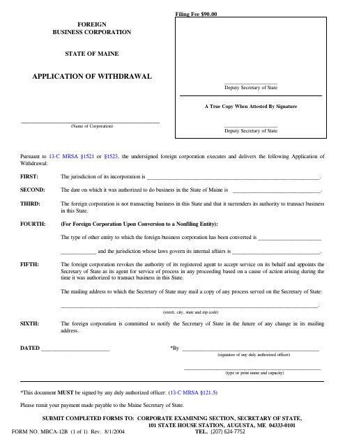 Form MBCA-12B  Printable Pdf