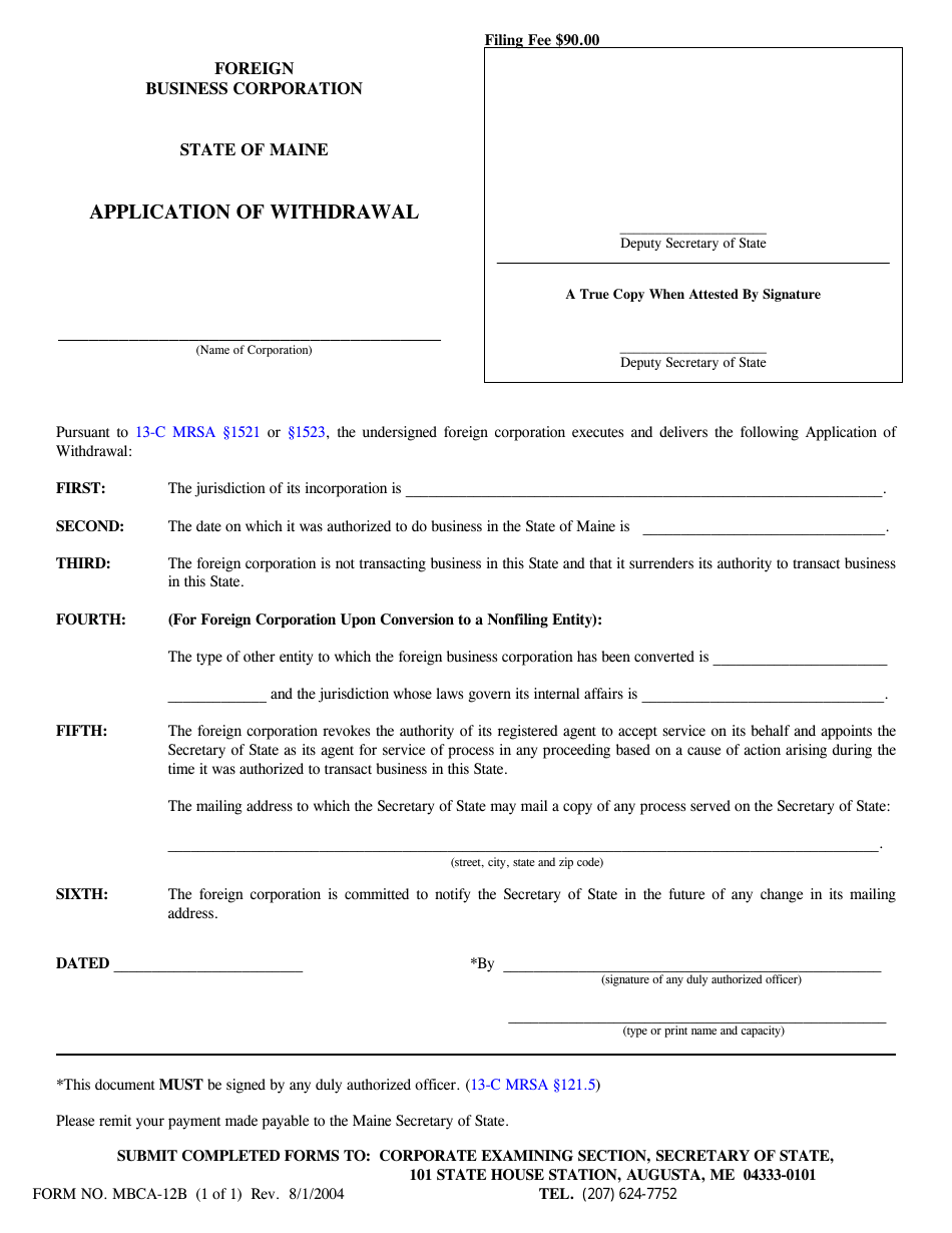 Form MBCA-12B Application of Withdrawal - Maine, Page 1
