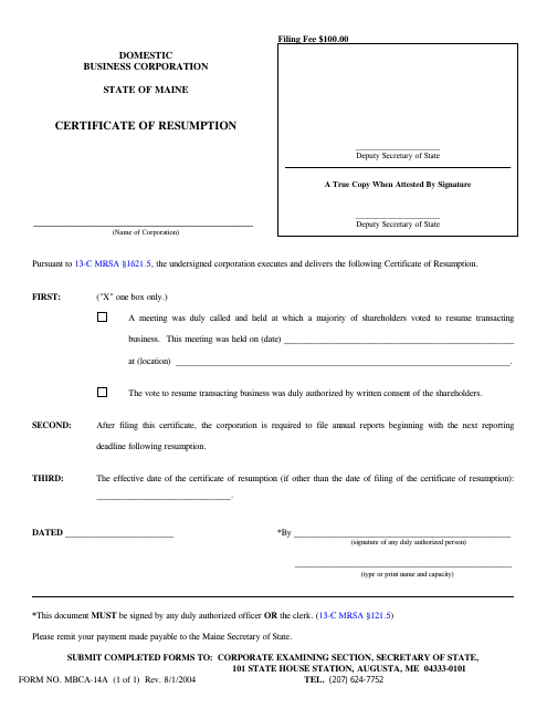 Form MBCA-14A  Printable Pdf